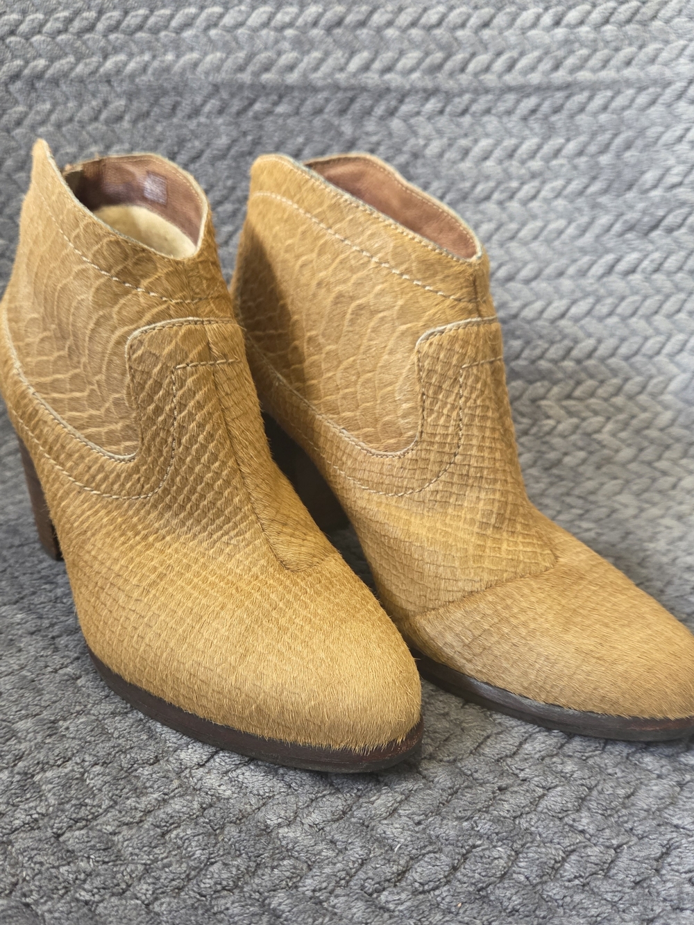 UGG Charlotte Moon Tan Calf Hair Exotic Reptile Snake Print Heeled Booties